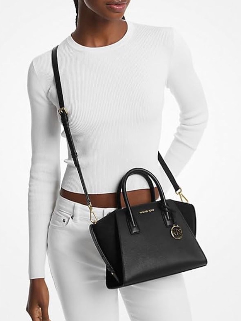 Michael Kors Black Leather Satchel with Gold MK Charm and Top Handles